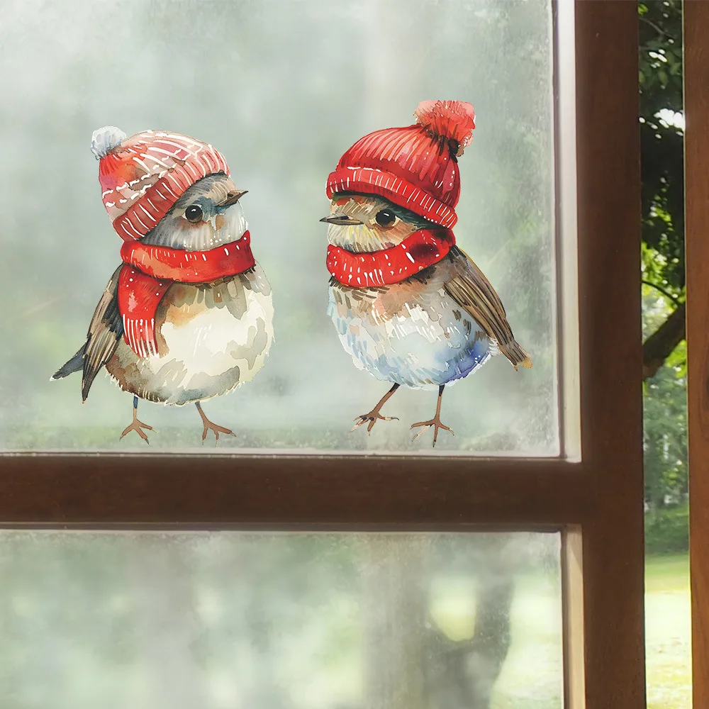 Festive Christmas Bird Wall Sticke with Santa Hat & Scarf - Self-Adhesive, Removable PVC Decal for Holiday Home Decor in Living