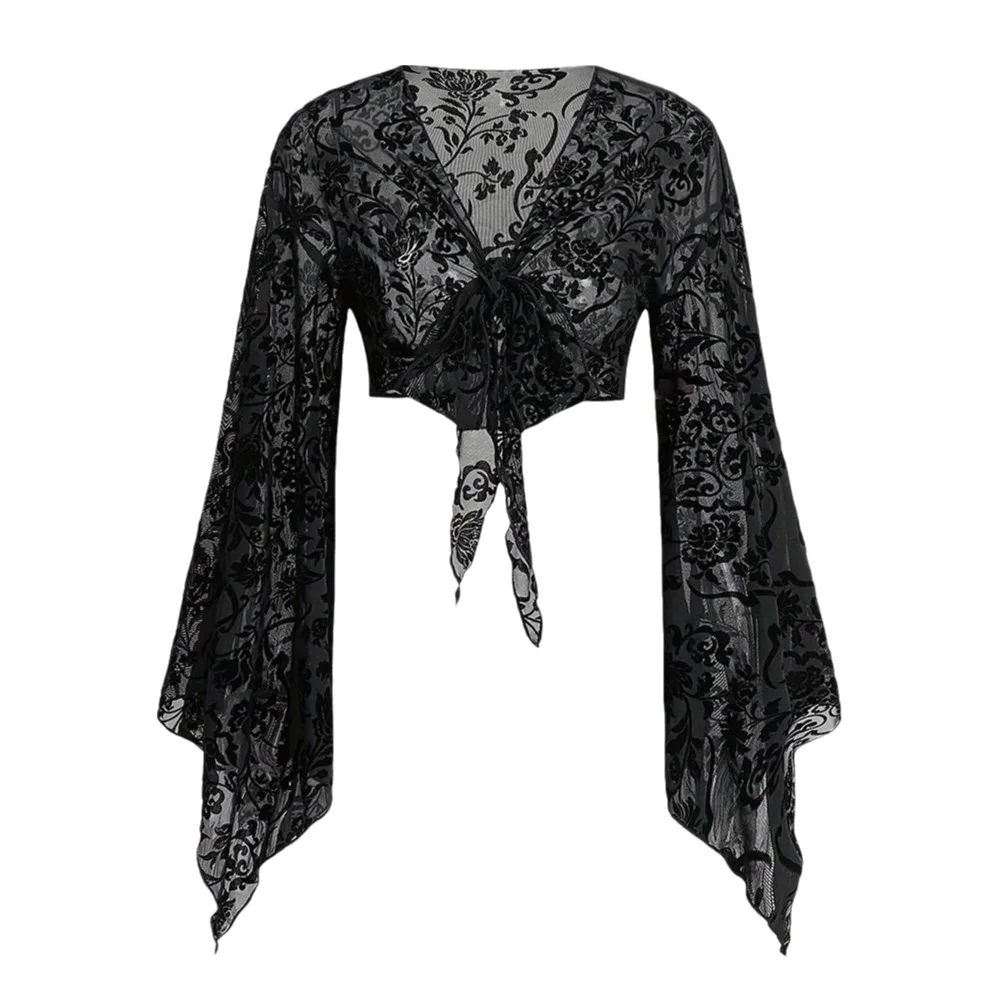 Fashion Lace Trumpet Sleeve Top Black Stage & Dance Wear Crop Top Sexy Midriff-baring Top Dance Practice