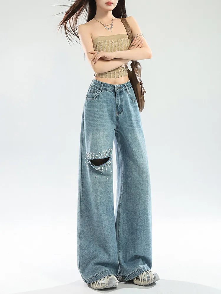FINEWORDS Women Baggy Wide Leg Jeans Light Blue High Waist Denim Pants Rhinestone Pearl Loose Fit Casual Streetwear Trousers