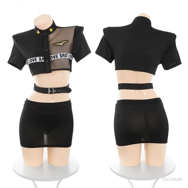 

Sexy Policewomen Uniform Cosplay Costume Mesh See Through Skirt Set Drillmaster Roleplay Outfit Women Underwear Hollow Nightgown