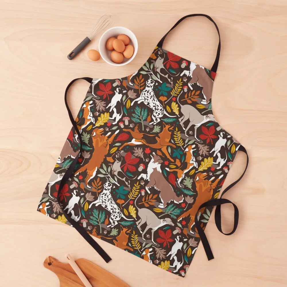 

Autumn paw-fection // brown oak background dogs jumping and dancing with many leaves in fall colors Apron kitchen clothes Apron