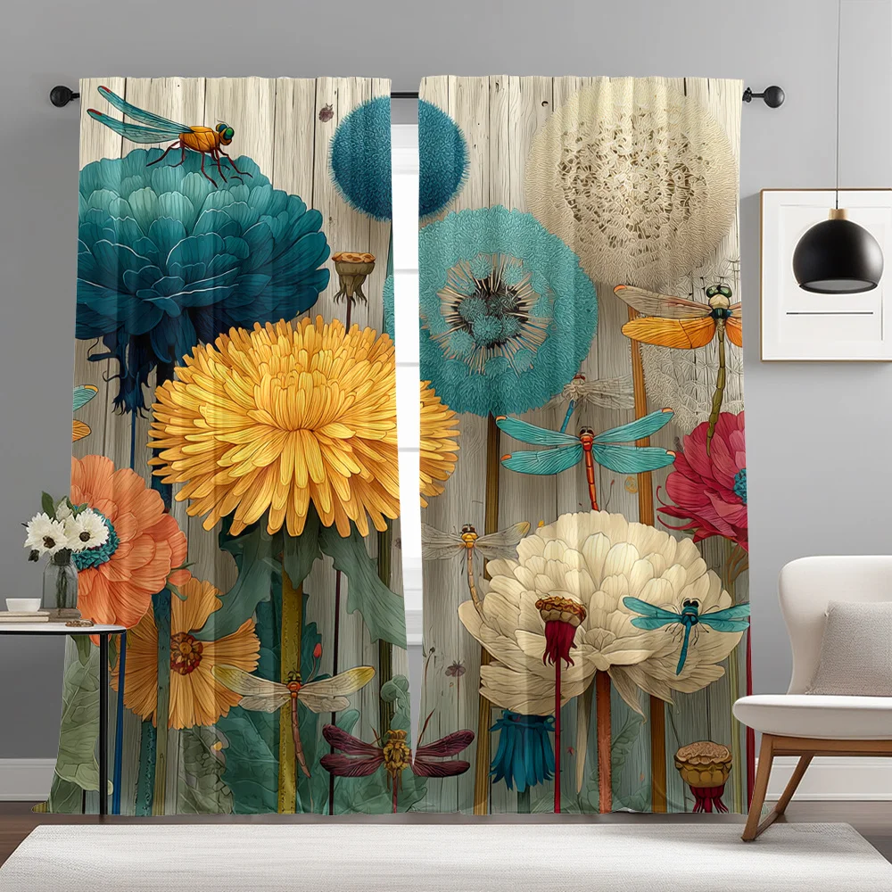 Vintage Wood Dandelion Dragonfly Curtain Panels,Colorful Chrysanthemum Wild Floral Insect Digital Print Drapes for Bedroom Decor
