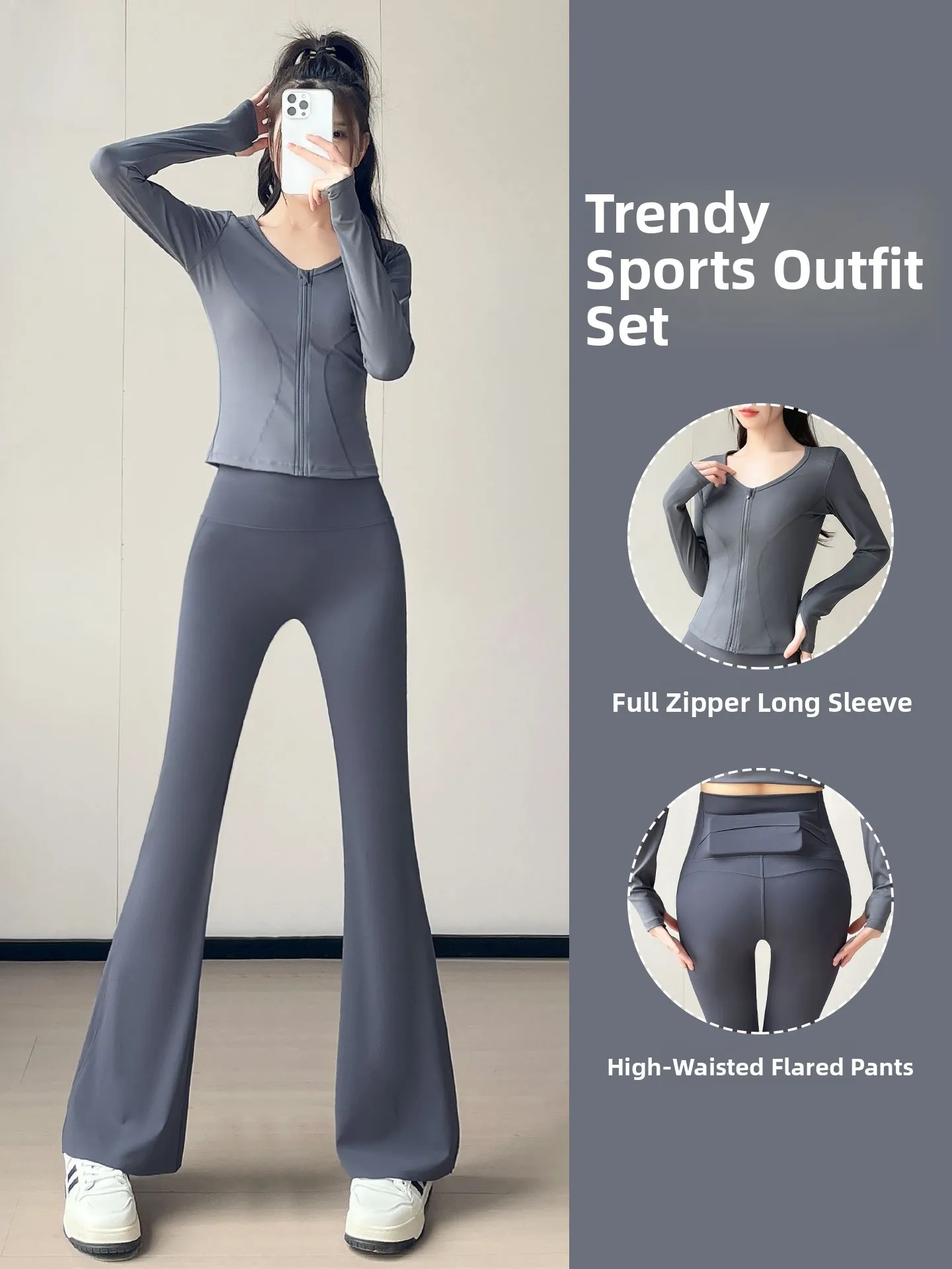 

Women's Yoga Sportswear Pilates Training Slimming Fitn Outfit Long Pants V-ne Zipper Closure Two-piece Set High Elastici...