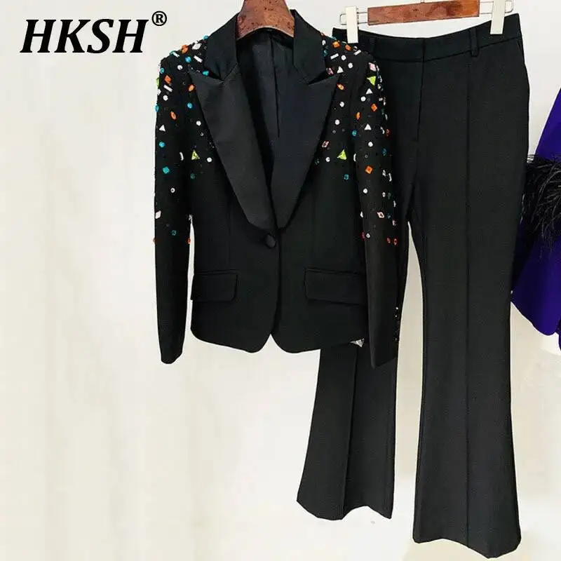 HKSH ฤดูร้อนใหม่ผู้หญิง INS Elegant ปัก Flares เพชรปุ่ม Blazer ยาวกางเกงสบายๆ 2 ชิ้นชุด HK5997