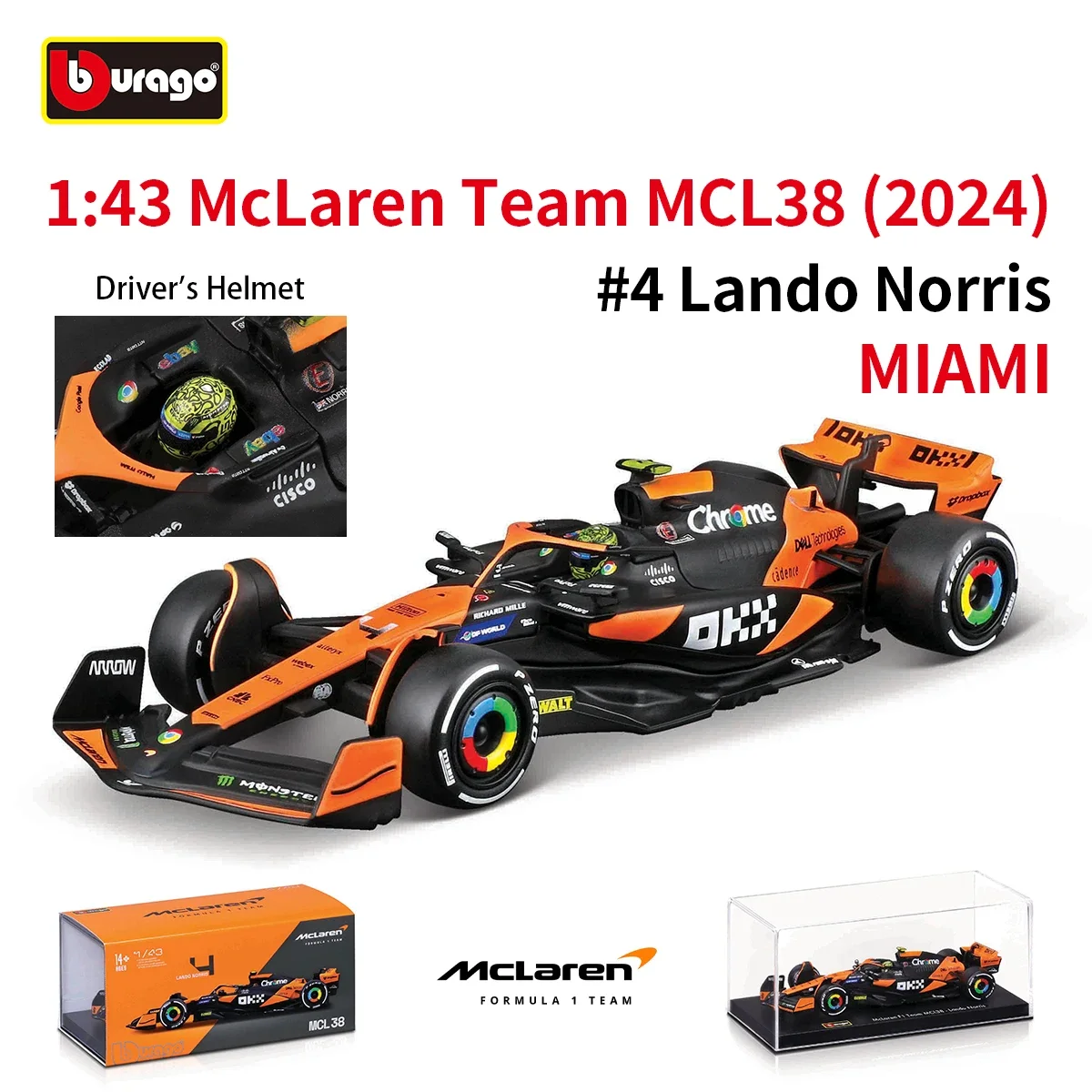 Bburago 1:43 McLaren 2024 MCL38 Monaco Miami GP F1 Formula Racing Car Static Simulation Diecast Alloy Model Car Acrylic Box