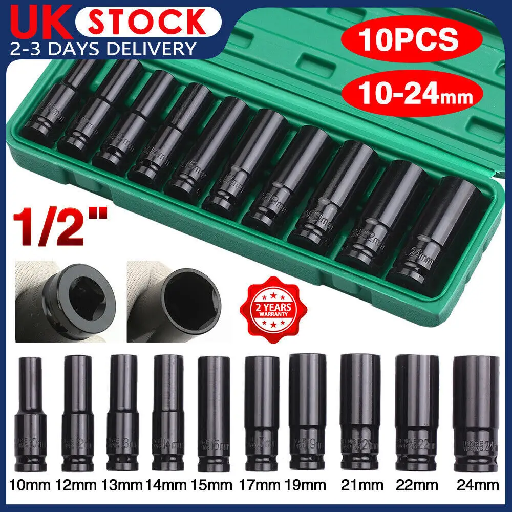 10PCS 1/2'' Deep Socket with Case, 6 Point Hex Design, CR-V Steel 1/2 Drive Deep Impact Socket Set for 1.27cm Impact Wrenches