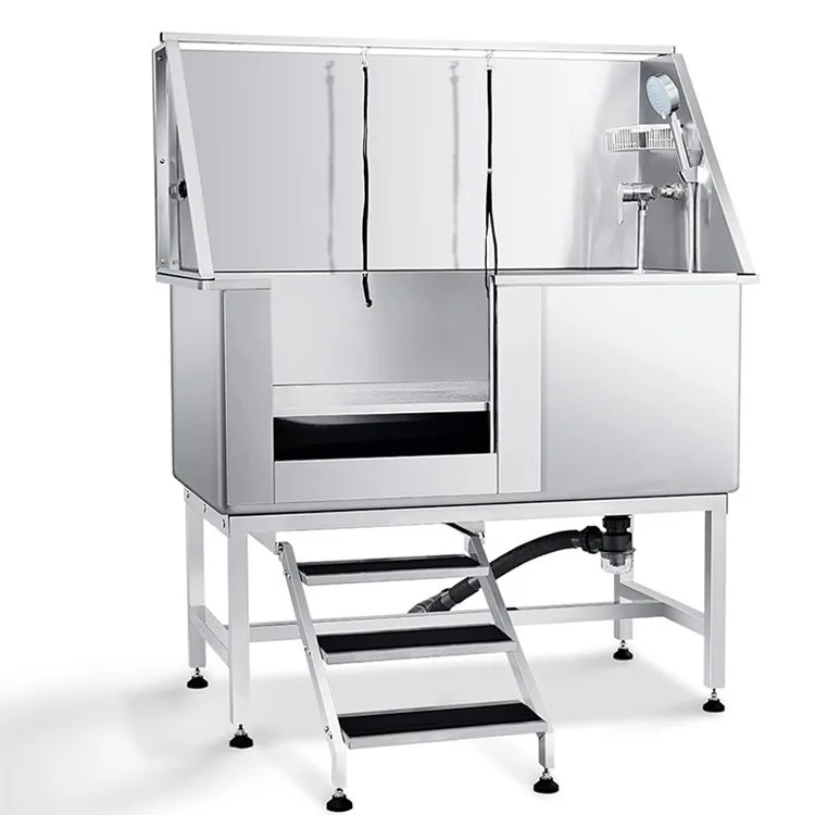 Piscina de Baño para Perros Grandes, de Acero Inoxidable, con Termómetro, Puerta Derecha y Escaleras