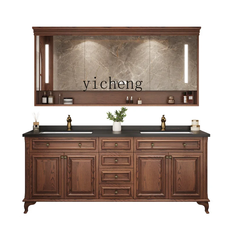 

TQH rock slab bathroom cabinet combination bathroom washbasin solid wood floor type intelligent double basin washbasin