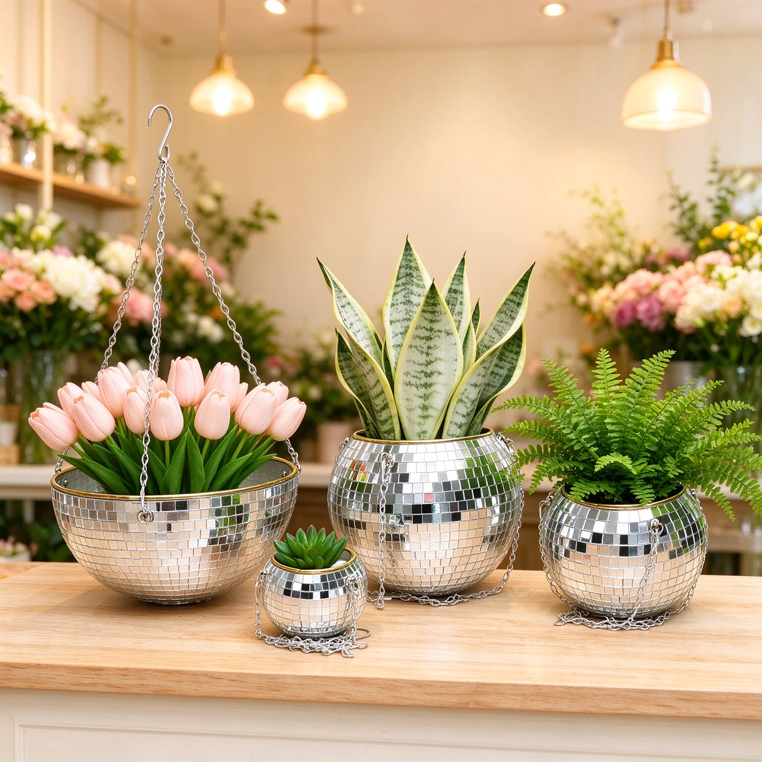 Hanging Mirror Disco Ball Planter, Flower Pot with Chain for Indoor Plants, Boho Wall Decor, Unique Cute Gift Idea for Women