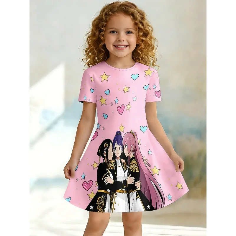 Girl Anime Girl Group and Celebrity Printed T-shirt Dress, Children's Party Wearing Pink Dress Suitable for Birthday Gifts