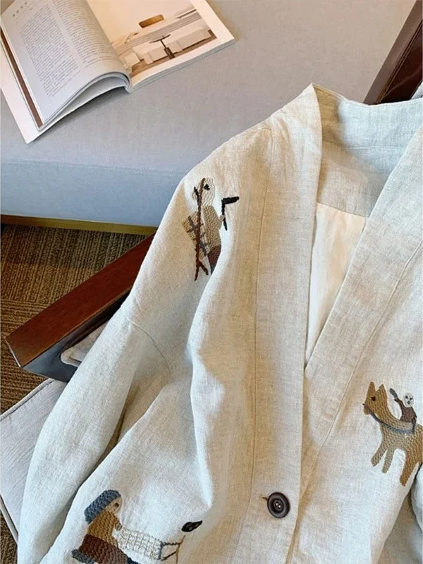 Extra Large 300 Pounds Design Sense Retro Embroidered Jacket Men's Loose Linen V-neck Coat Autumn High Sense Youth Fashion