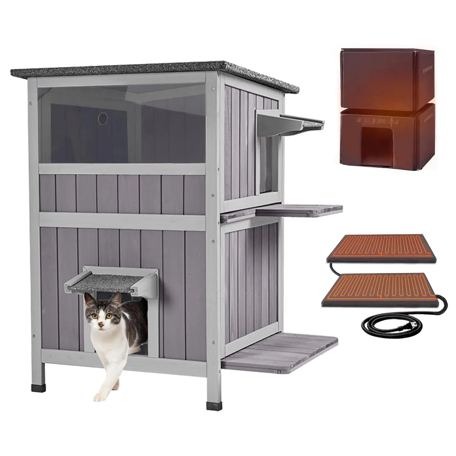 Outdoor Heated Cat House Two-Story Feral Shelter Wooden Condo Weatherproof Enclosure Winter Escape Doors, Customized