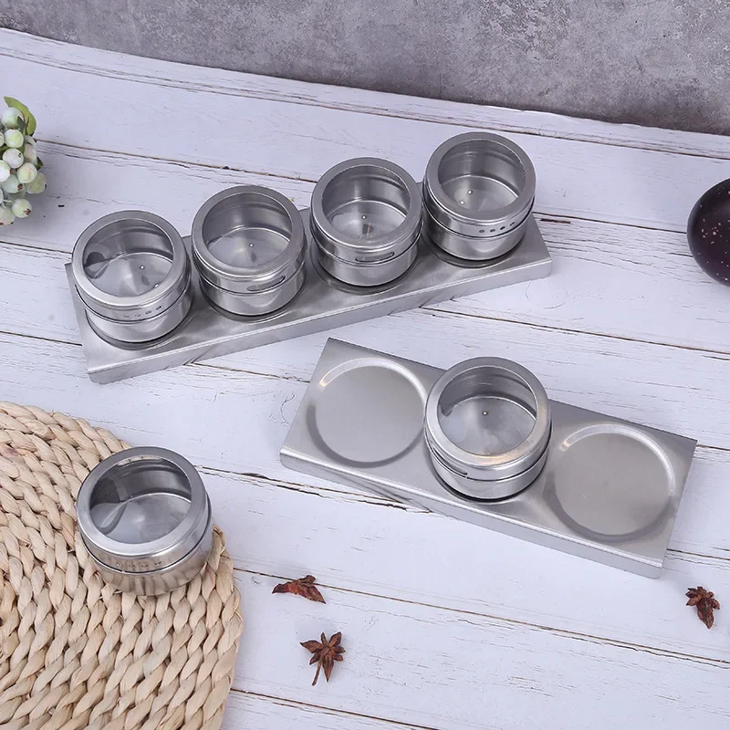 Magnetic Spice Jar Set with Labels Stickers Stainless Steel Base Spice Container Organizer Pepper Seasoning Pot Sprays Tin