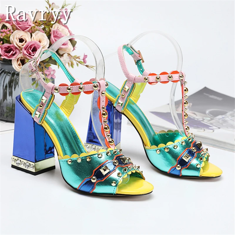 Retro Style Rivet Sandals Summer Women\'s Luxury Design Peep Toe Chunky High Heel Summer Shoes Fashion Runway Party Shoes