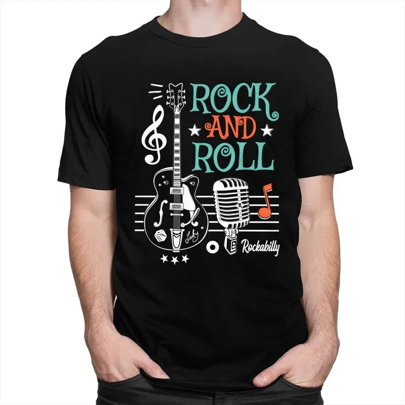Custom Male Rockabilly Music Classic Rock And Roll Guitar T Shirts Short Sleeve Cotton T-shirt Casual Tees Slim Fit Clothing