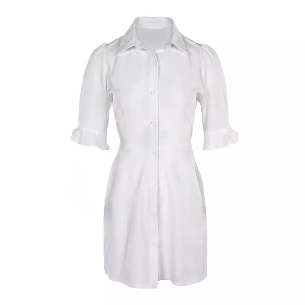 Office Lady Slim High Waist Dress Fashion Lapel Single Breasted Petal Sleeve Shirt Dresses Summer New Women's Clothing White