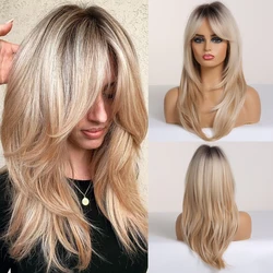 Long Straight Synthetic Wigs for Women Mixed Ash Blonde Layered Wigs with Long Bangs for Daily Cosplay Party Heat Resistant Wig