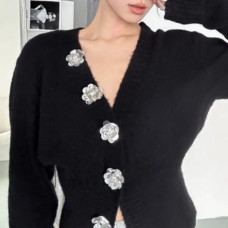 Casual Rose Single breasted Knitted Cardigan Sweater Autumn/Winter Women's Coats New V-neck Long Sleeve Retro Waist Slim Sweater