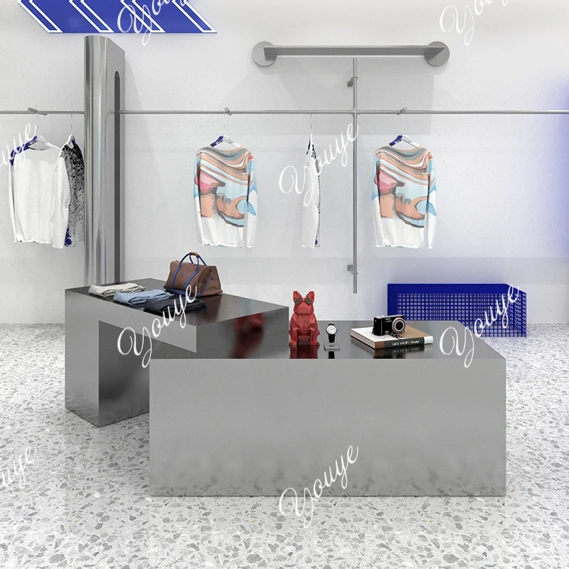 J Clothing Store Assembly Table, Stainless Steel Brushed Display Table, Product Placement Display Stand