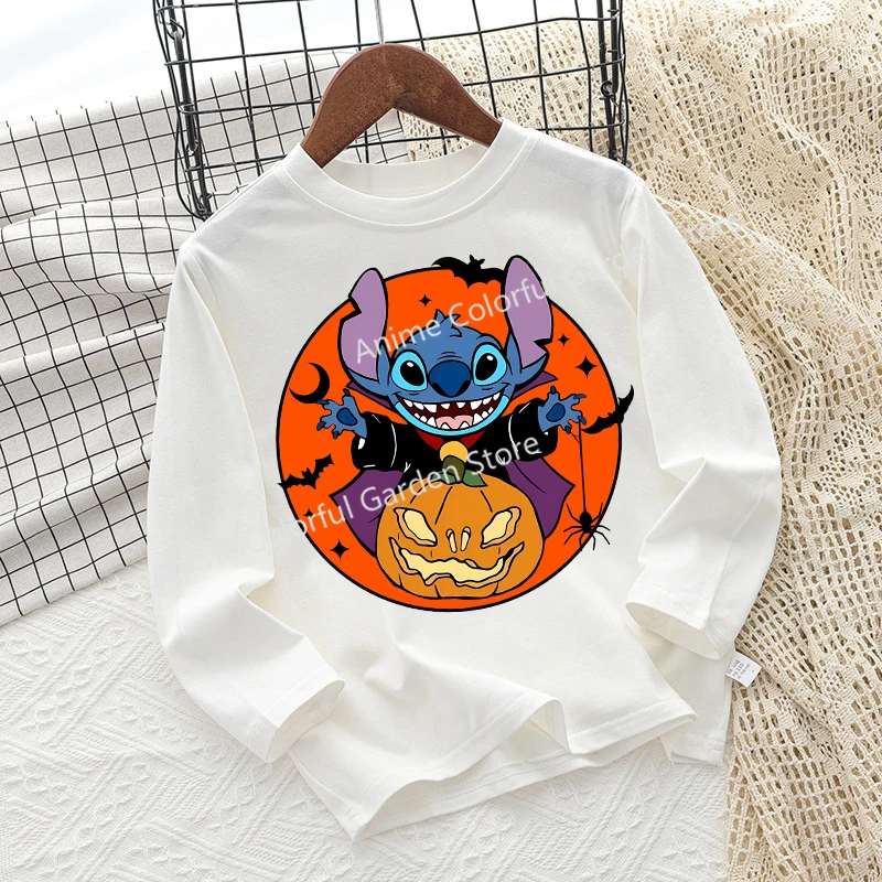 Halloween Disney Stitch Long Sleeved T-shirt for Children Anime Cartoon Funny Tops Festival Cosplay Kawaii Clothing Kids Clothes