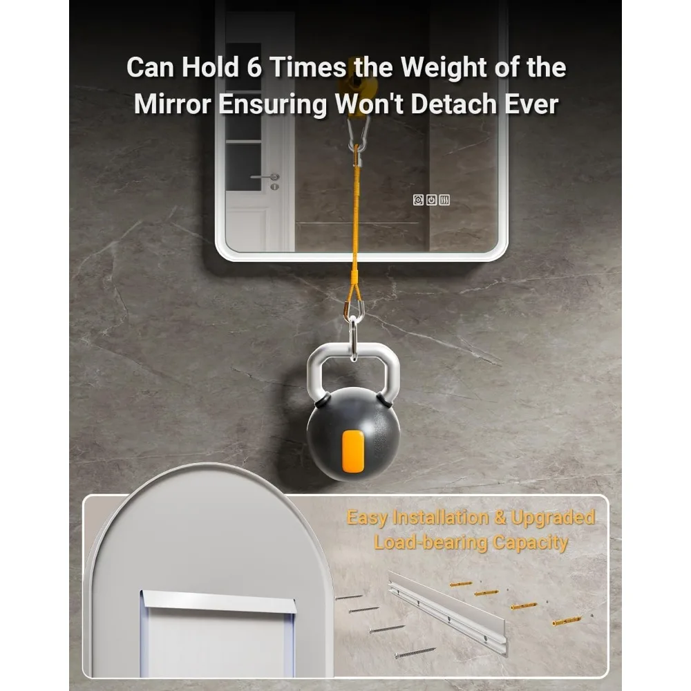 Lustro łazienkowe LED w kształcie łuku, 24x36 cali, z białą ramą zapobiegającą parowaniu i 3-kolorowym, ściemnianym oświetleniem.