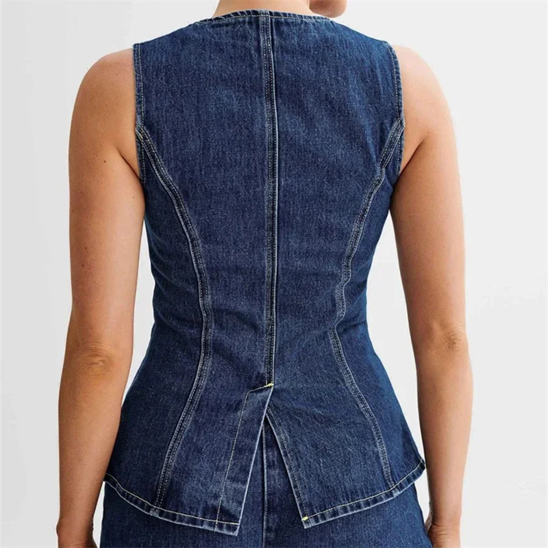 Women\'s Y2K Clothes Denim Long Vest Sleeveless Shirt Button Down Tank Top Back Slit Jean Waistcoat