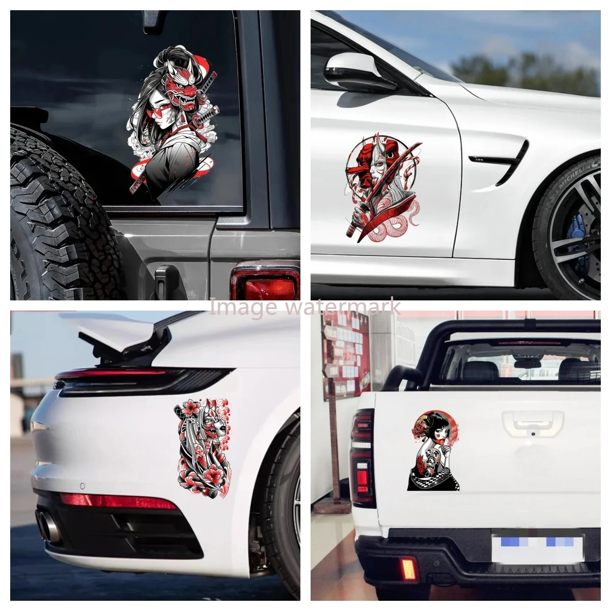 

Warrior Samurai Girl Oni Mask Car Stickers Japanese anime Decals ，Covering scratches, Automotive decorative accessories