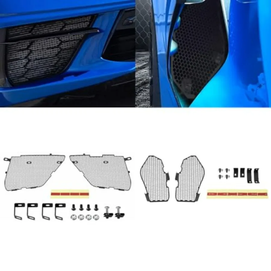 

2Pcs Upgraded Front Radiator Guards Grille Vents Insert Mesh with 2Pcs Side Intake Grill Guards Mesh Set for Corvette C8 C8.R 2