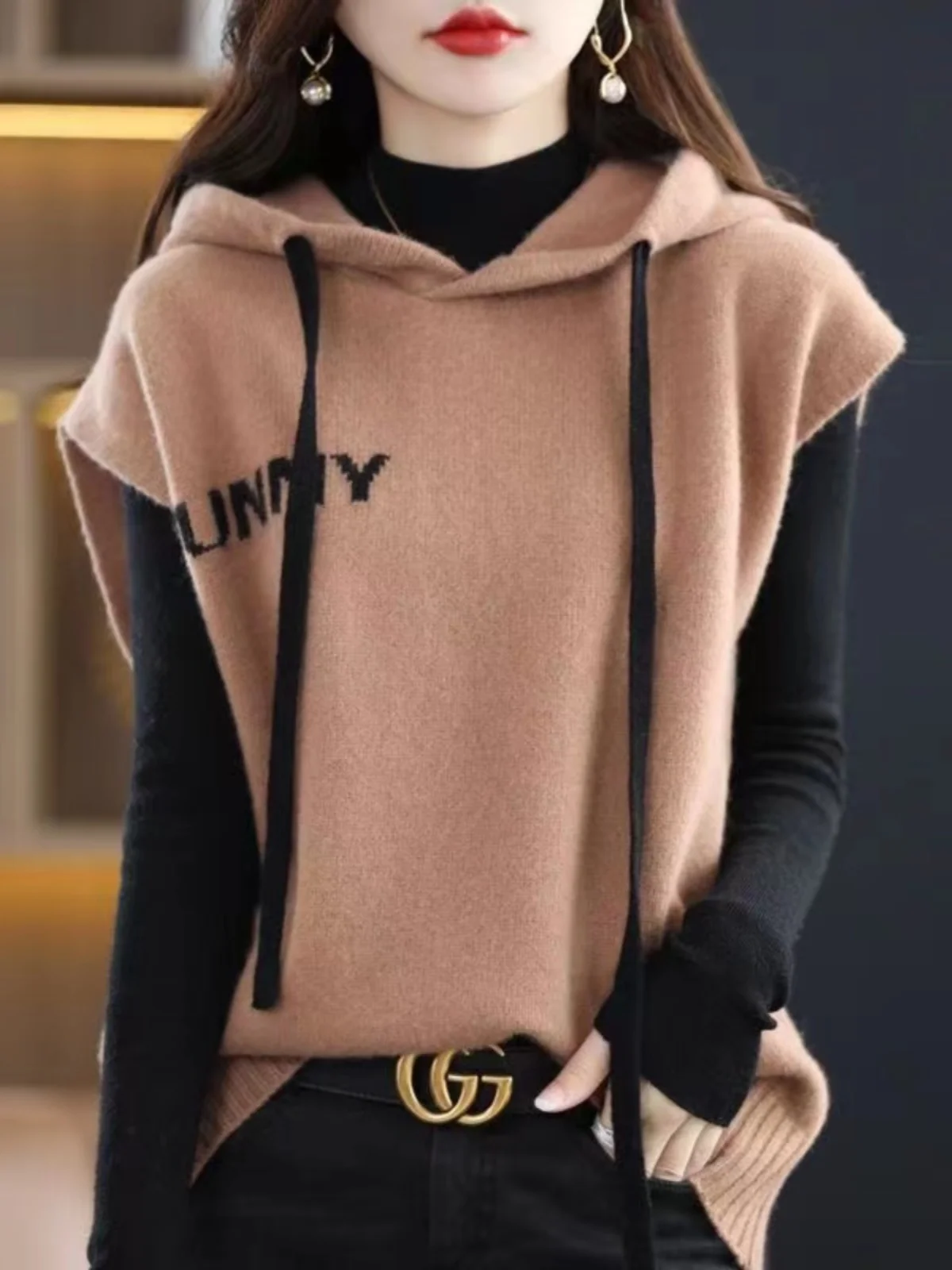 Trendy Knitted Hoodie Vest Women's Autumn Winter New Style Inner Wear Outer Wear Fashionable Sweater Top Warm Loose Fit ...