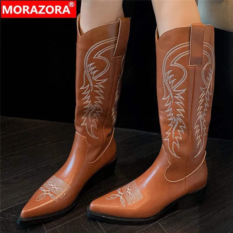 

MORAZORA 2024 New Genuine Leather Spring Western Boots Pointed Toe Knee High Boots Women Slip On Square Med Heels Shoes