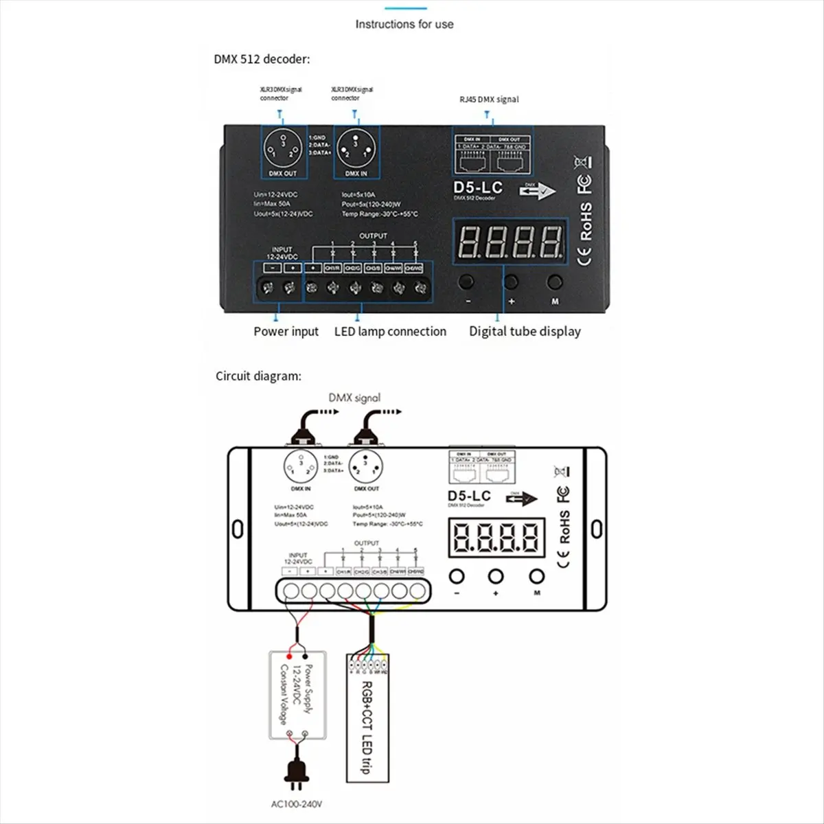 A26Z High Power DMX512 Led Controller 5CH 10A/CH DMX512 Decoder Dimmer Driver DC12V-24V MAX 1200W for Led Rgbcw Strip,Light