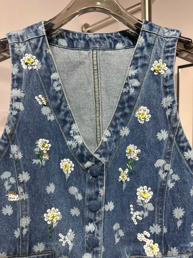 

Sleeveless Vest Jacket Tops High Quality Blue Little Daisy Sequins Jeans 2025