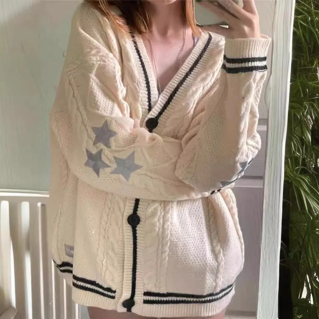 Knitted Beige Single Breasted Jacket Women's Single Vintage Embroidery Star Loose Sweaters Breasted Cardigans Long Sleeve Top