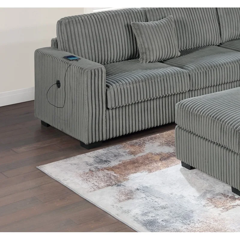 غرفة المعيشة سروال قصير منجد الدخان 4 قطعة مجموعة الاقسام RAF/LAF مقعد واحد مع مقعد USB ، إسفين الزاوية ، وسادة كوكتيل عثمانية