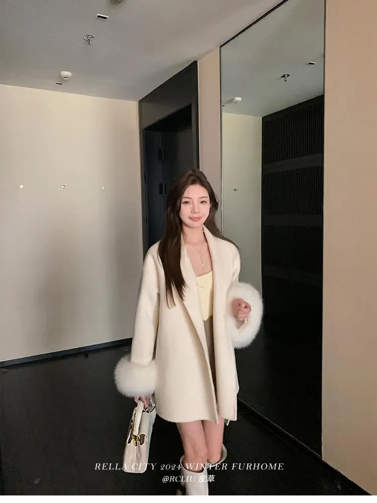 

Korean Fashion Women's White Grey Hairy V Neck Button Bandage Cardigan Coat Winter Elegant Festival Overcoat 2025 Popular Trendy