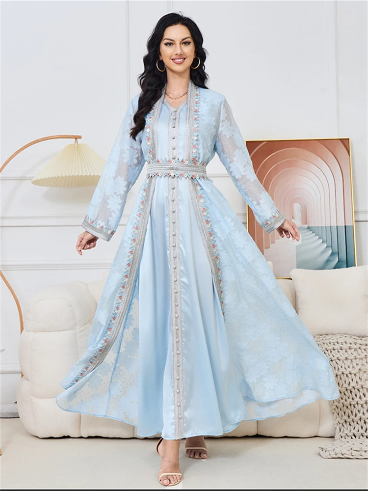 Puffed-sleeve Cardigan, Elegant Dubai Long Dress, Middle Eastern Robe, Two-piece Set With Rhinestones