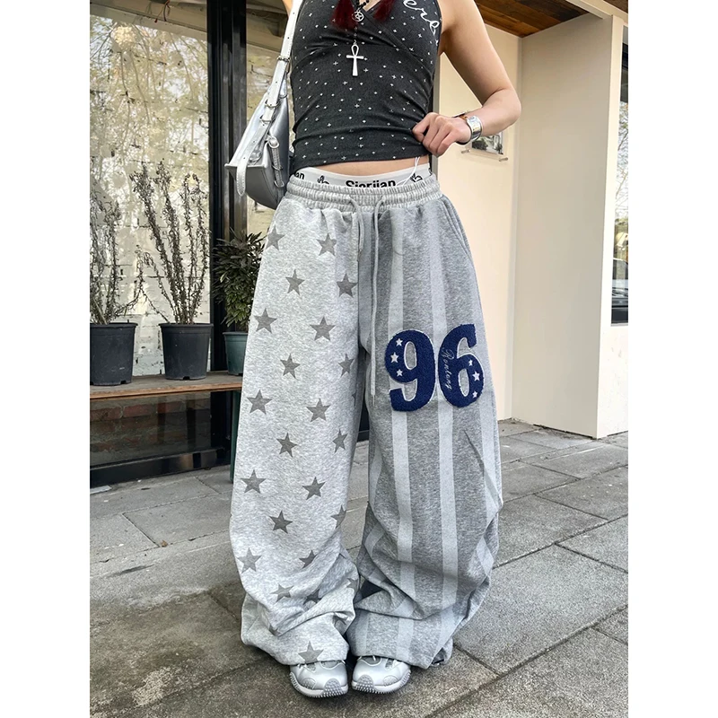 YIBASHU Women Gray Star Stamp Baggy Wide Leg Sweatpants American Embroidery Pants Harajuku 2000s Style Vintage Y2k Dance Trouse