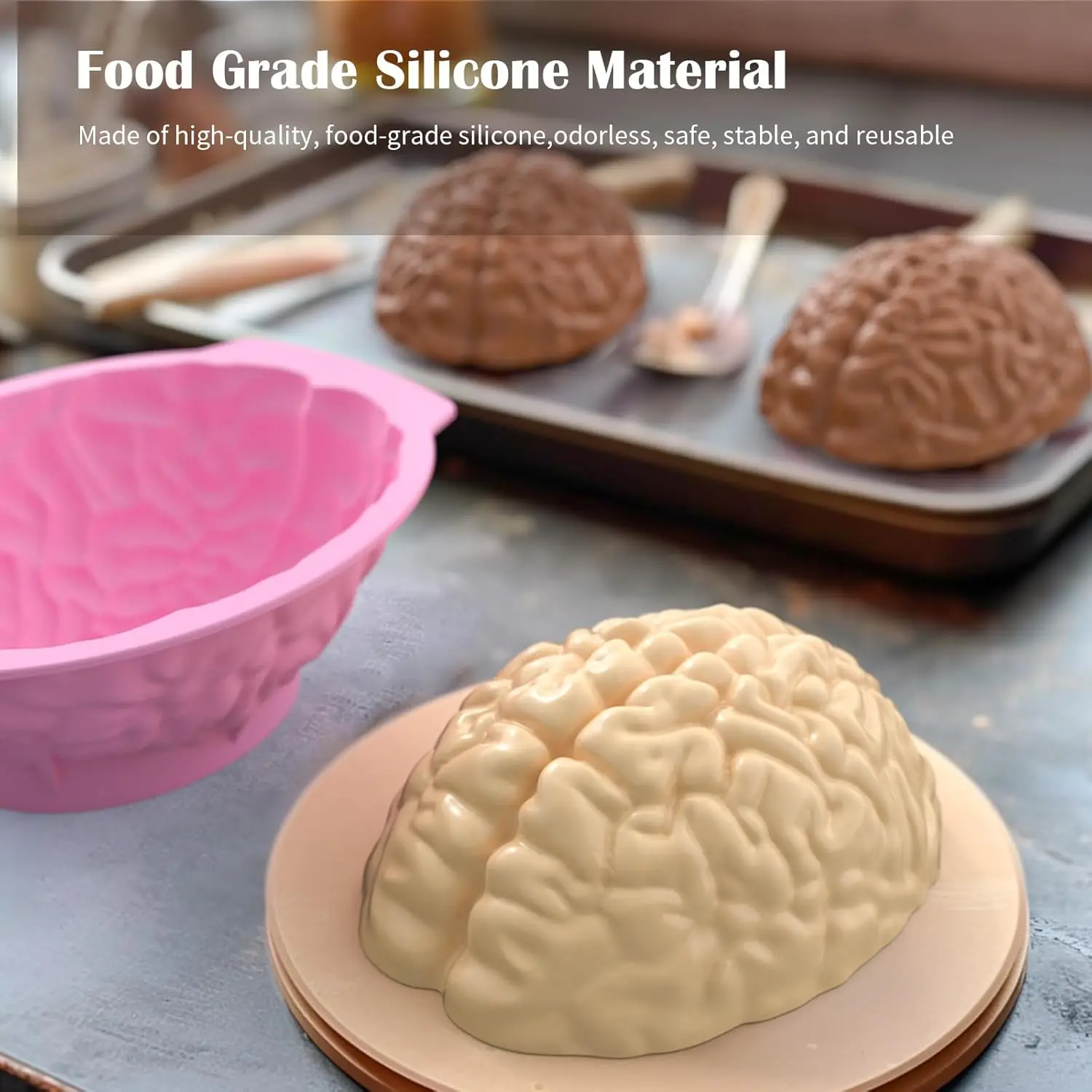 3D Brain Cake Mold Silicone Halloween Brain Cake Mold Halloween Baking Pan with Mold Humans Brain Cake Epoxy Resin Cake Decor