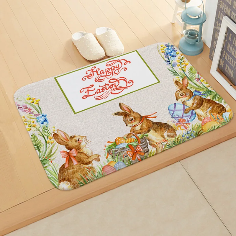 Easter Bunny Doormat Welcome Home Easter Rabbit Anti-Slip Door Mat Carpet Doormat Flannel Kitchen Living Room Floor Mat Rug