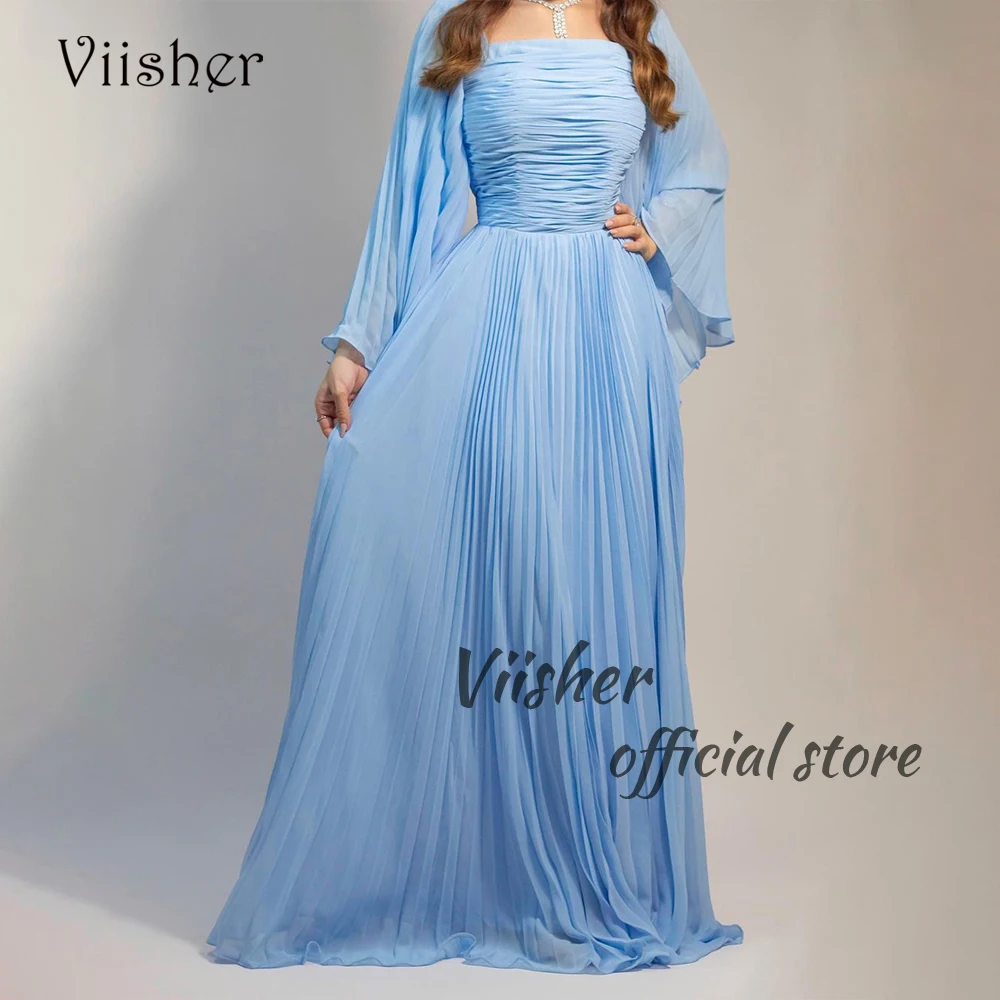 

Blue Chiffon Evening Dresses Long Sleeve Strapless Prom Dress with Train Arabic Dubai Formal Occasion Gown Lace Up Back