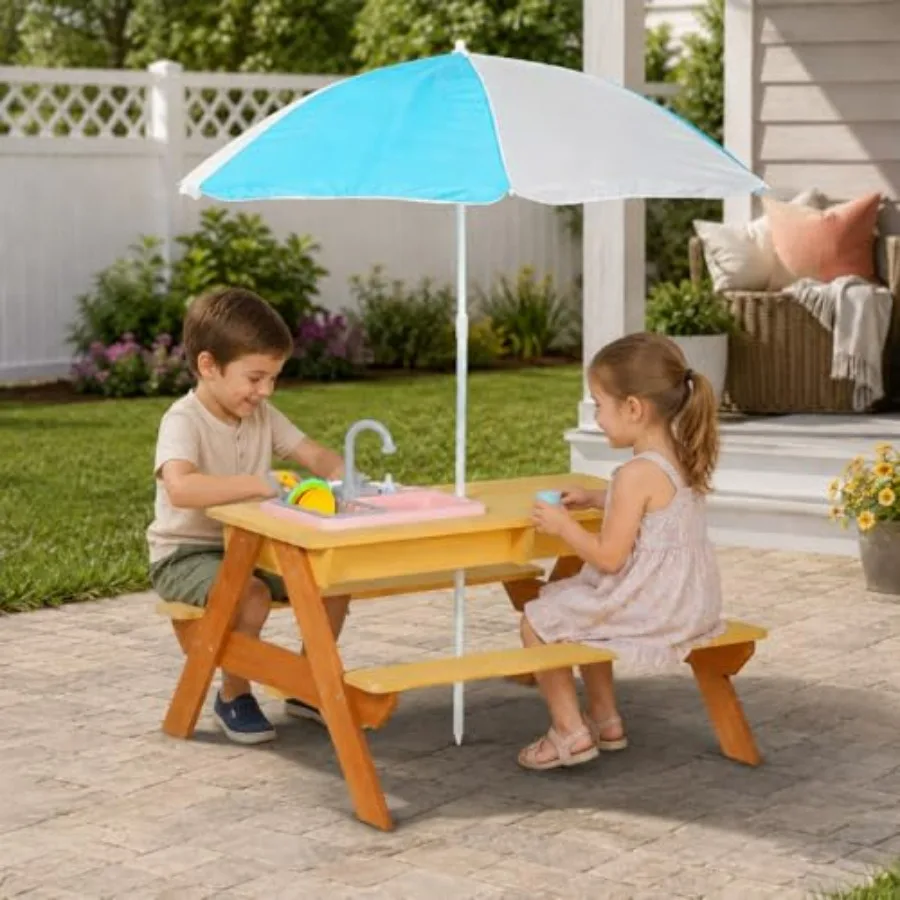 Sensory Picnic Table for,Solid Wood Sand and Water Table with 43 Umbrella, 2 Basins Toys, Reddish Brown and Yellow, Backyard Pa