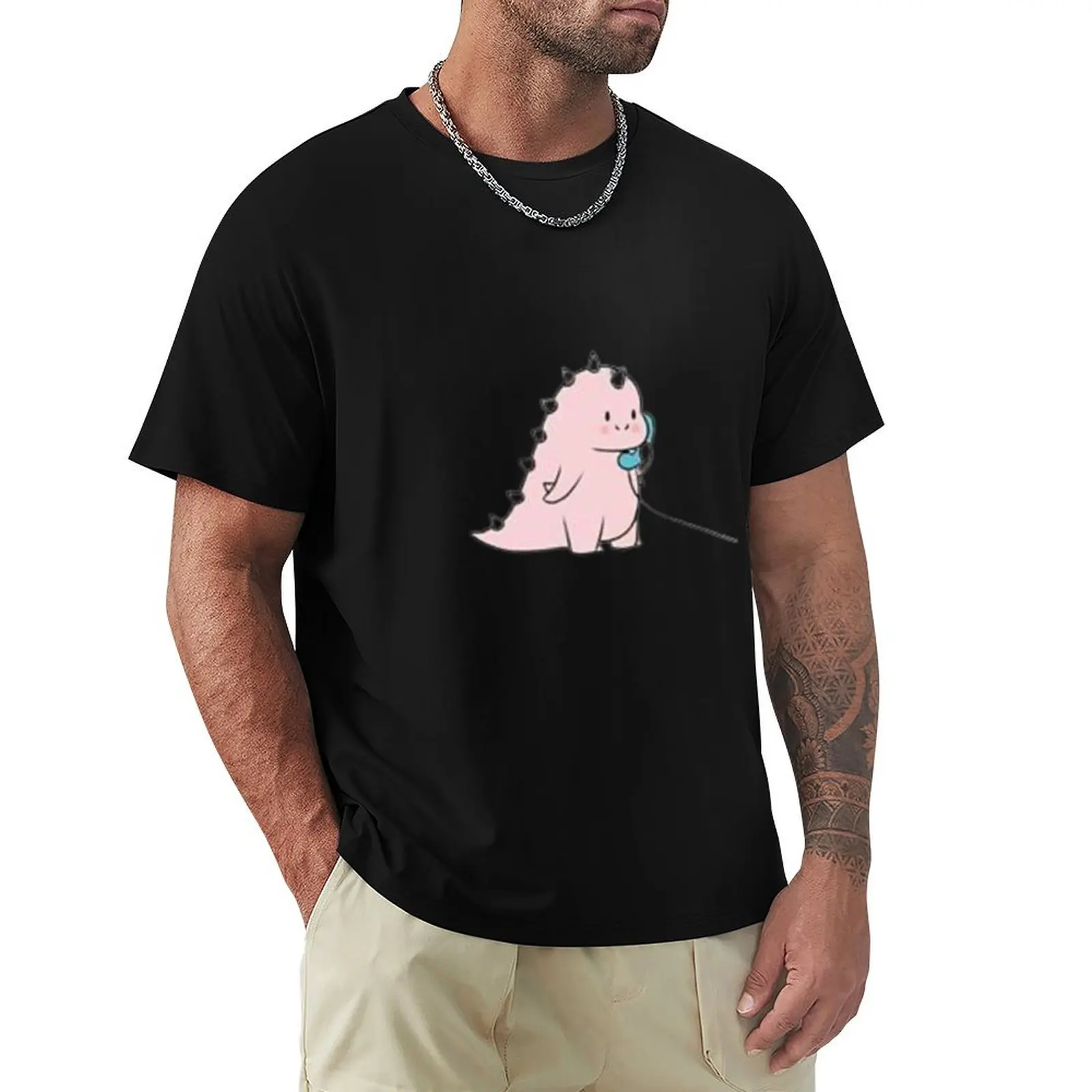 

dino boba phone T-Shirt Vintage Print Crew Neck Tee