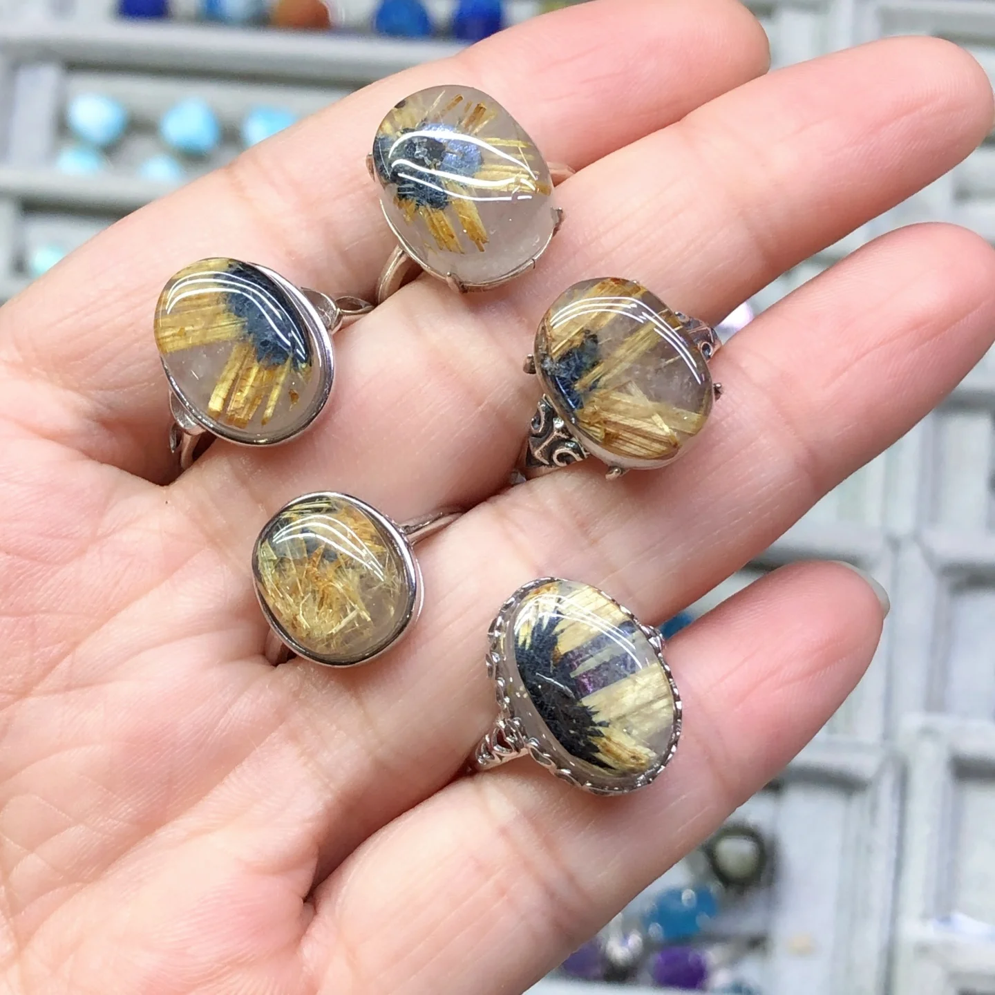 

1 Pc Fengbaowu Natural Gold Rutilated Quartz Ring Oval Cabochon 925 Sterling Silver Reiki Healing Stone Jewelry Gift Women Men