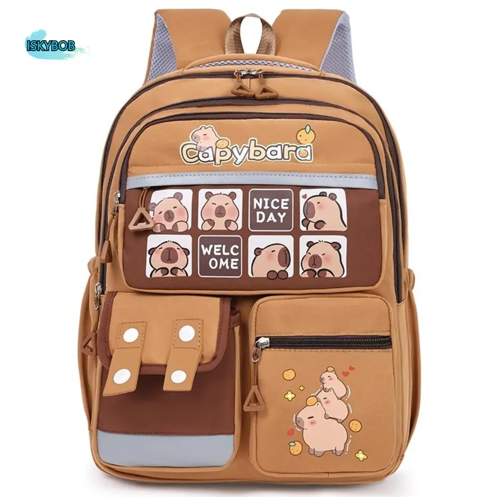 Large Capacity Capybara Backpack Adjustable Strap Nylon Cute Animal Bookbag Korean Style Multi Pocket Student School Bag