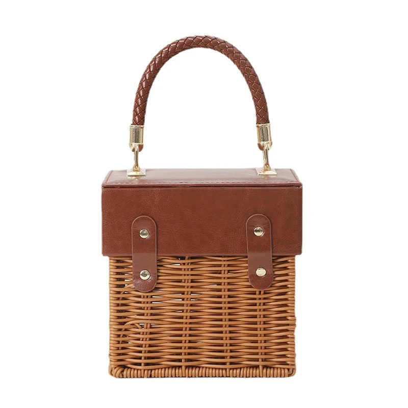 Mini Bag Handbag Rattan Woven Picnic Box Retro Style Storage Bag Cosmetic Props Neatening Box Fashion Trend Leisure All-match
