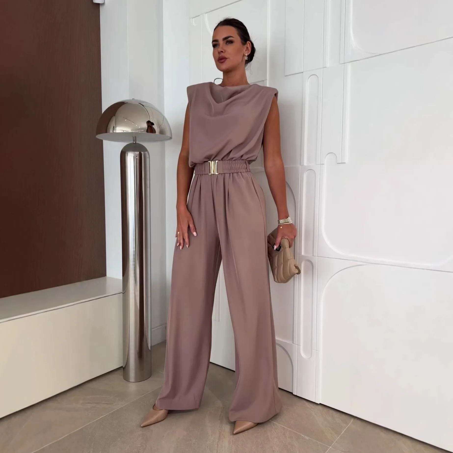 Elegant High Waist Women's Jumpsuit Fashion Solid Ruond Neck Sleeveless Long Pants Jumpsuits Lady Fashion Office Holiday Romper