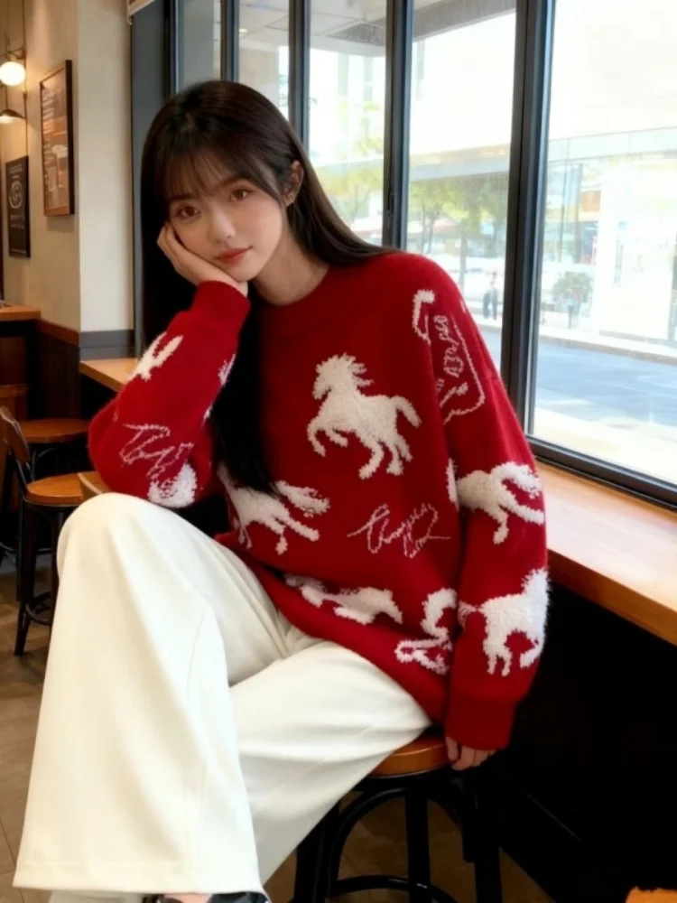 

Red Year Knitted Sweater round Ne Pullover Winter New Year Unique Top Women's Faion Commute Sle Slim Fit Long Sve