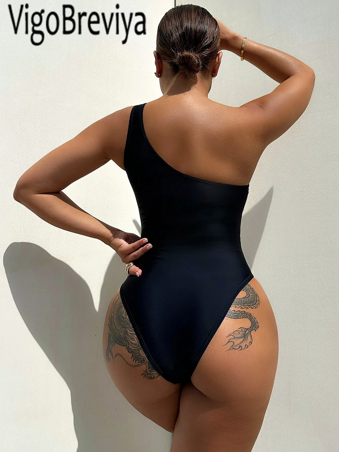 VigoBeviya 2025 Sexy Black One Shoulder Swimwear Women Hollowed Backless One Piece Swimsuit Monokini Summer Beach Bathing Suit