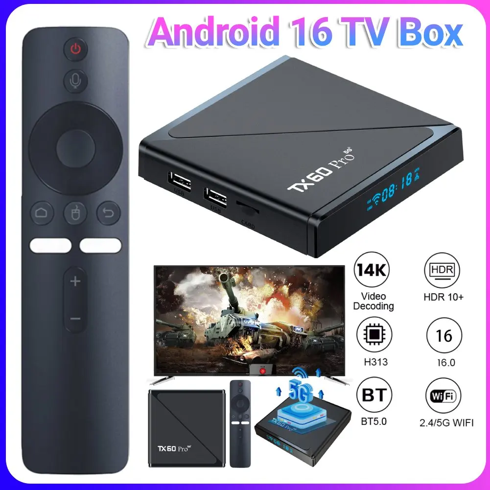 

Android 16 Smart TV Box Allwinner H313 Quad Core 14K 2.4G/5G Dual WiFi6 Media Player Set Top Box Digital Voice Remote 16GB 256G