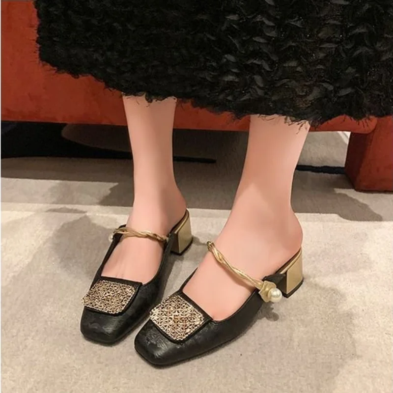 Women's Summer Mary Jane Mules, Square Toe Rhinestone Block Heel Slides, Wide Feet Friendly Slip-On Closed Toe Sandals